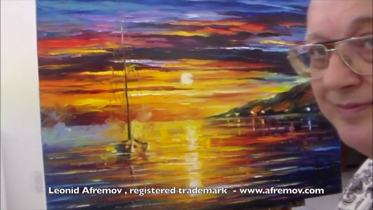 Leonid Afremov painting a seascape painting