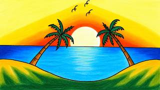 Easy Scenery Drawing | How To Draw Beach at Sunset Scenery For Beginners _ Oil Pastel Drawing