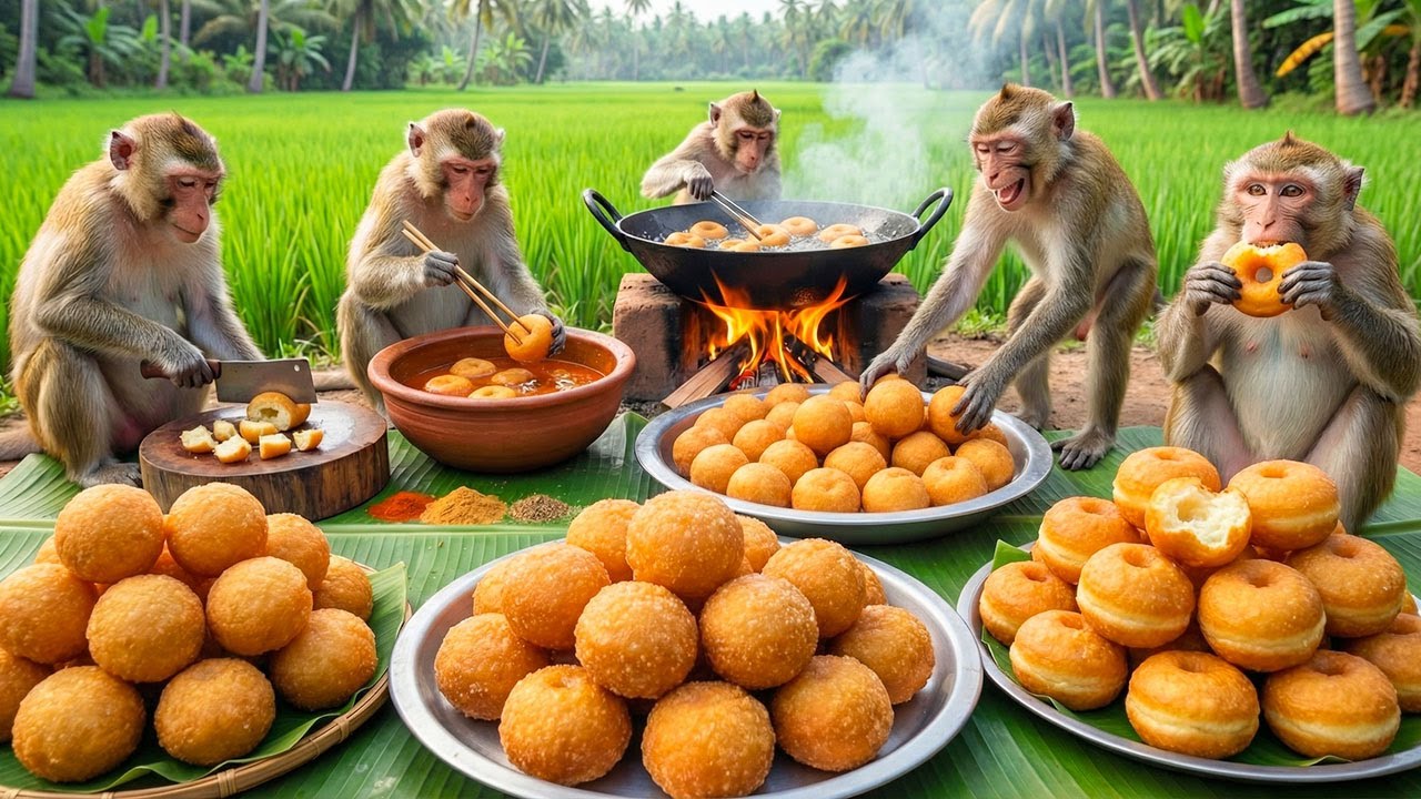 बंदरों ने मिलकर बनाए ढेर सारे छोले भटूरे 😋| Monkeys Together Made a Lot of Chole Bhature 🐒🍛