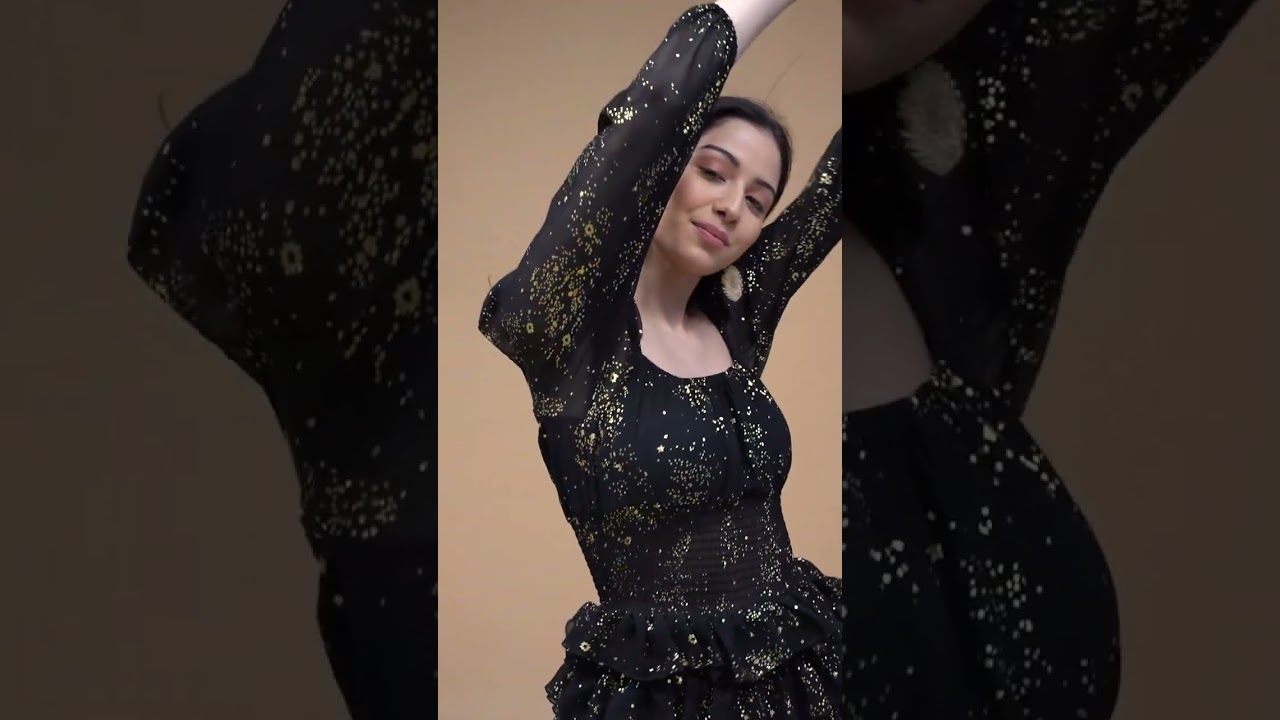 Oxolloxo Galaxy Black Smocked Foil Print Party Wear Dress | W22116WDR001