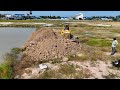 New Broadcast​ Pool Of Water​ Filling With Skills Operator D31P Komatsu Bulldozer Push Soil In Water