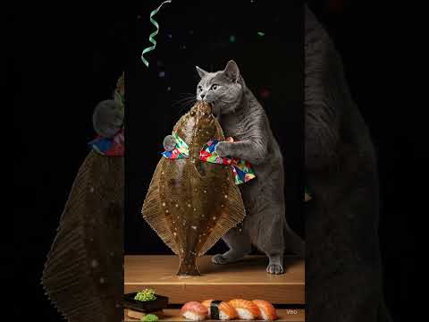 Cat chef dances with a flounder.