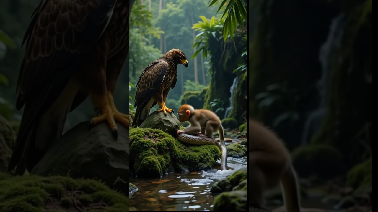 Eagle Watches Baby Monkey Fight Snake Beside Misty Jungle Creek 