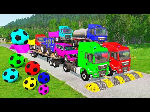 Flatbed Trailer McQueen Transportation with Truck - Speedbumps vs Cars vs Train - BeamNG.Drive #99