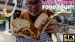 WAIKIKI LOCAL FOOD TOUR!! BEST SHAVE ICE + LOCAL KALUA PULLED PORK IN WAIKIKI, USA 🥪🍧 [4K]