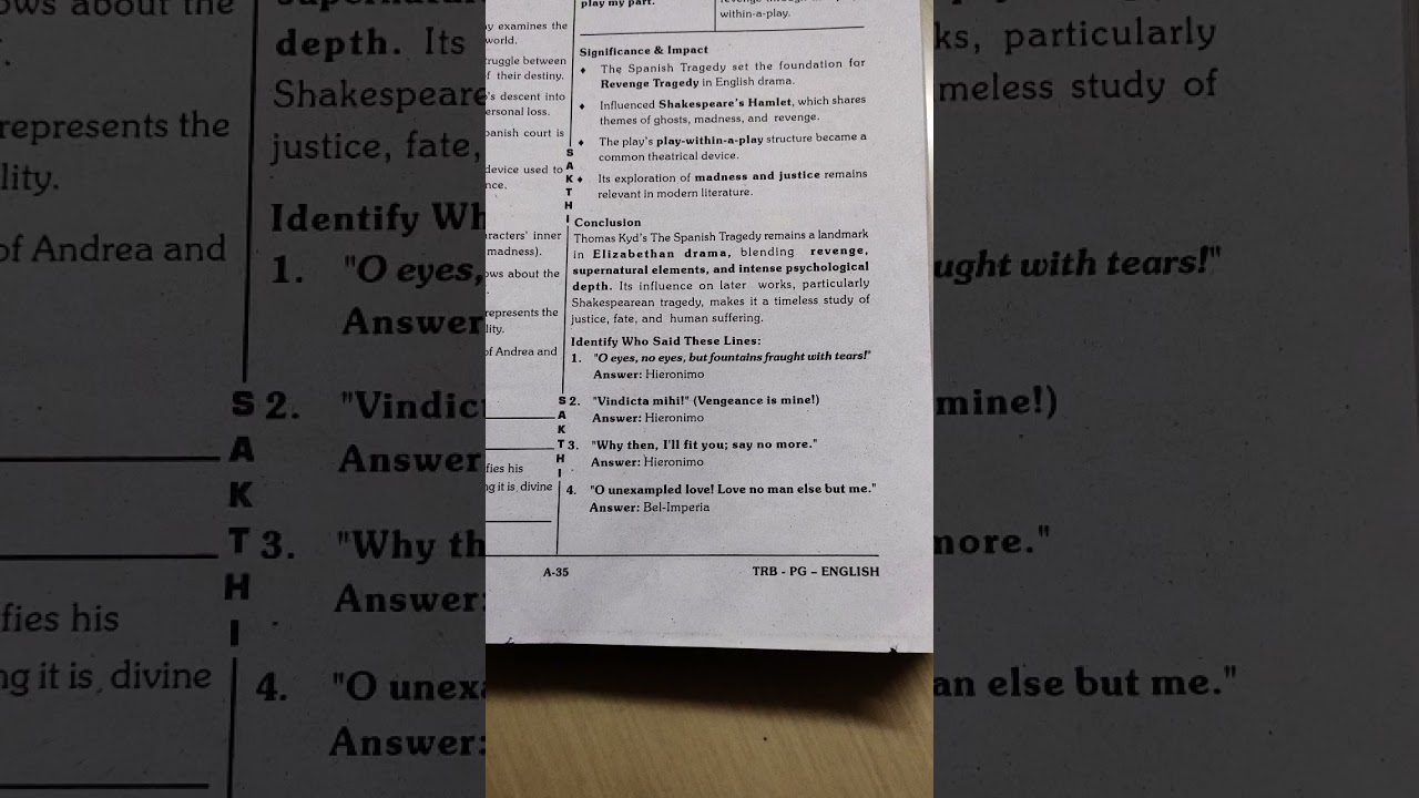 PG trb english unit 1 the Spanish tragedy by kyd identify the line - Speaker