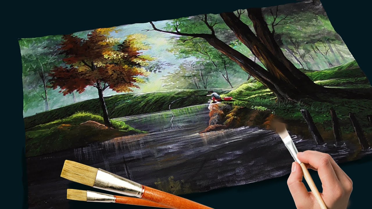Acrylic Landscape Painting Tutorial /Man Fishing /PAINT WITH JOY