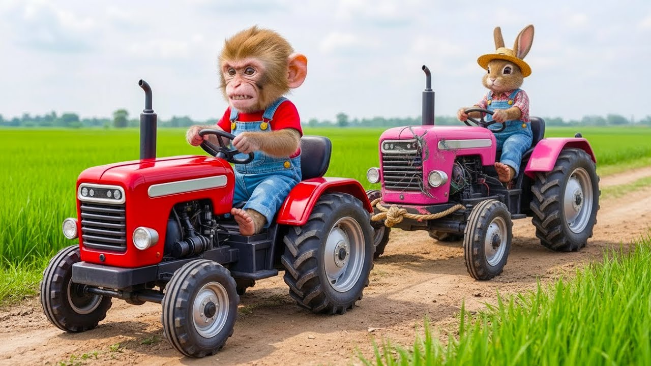 Monkey's Nana Drives a Tractor While Bunny Chases Him! Funny Farm Race 😂🐰