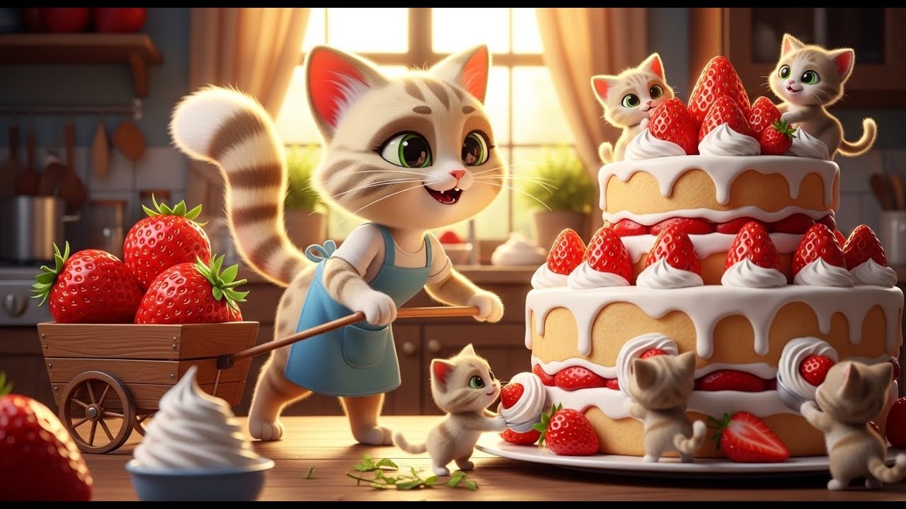 cute mama cat and kittens making a giant strawberry cake