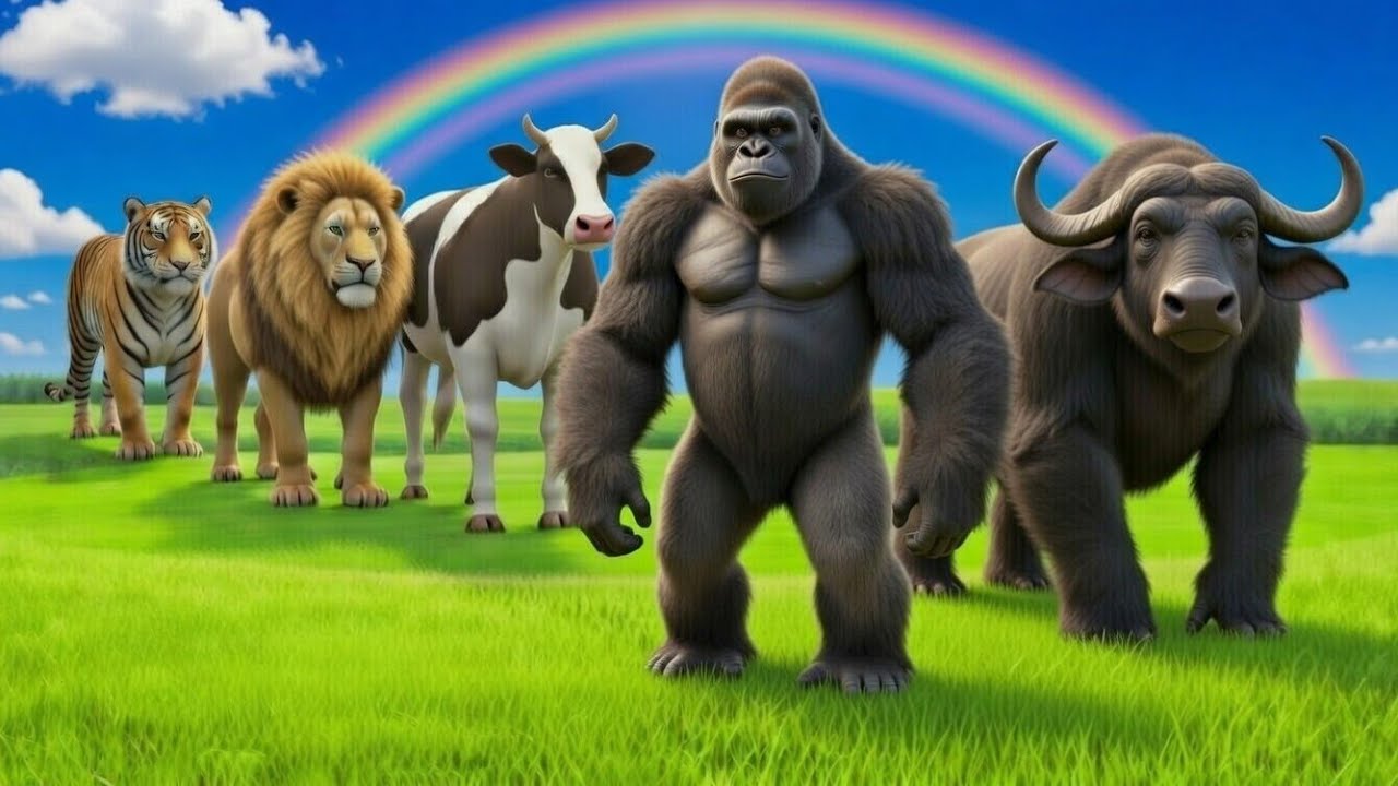 لعبة التزحلق الطويل مع بقرة وفيل وغوريلا وفرس نهر ونمر، لعبة حيوانات ثلاثية الأبعاد، رسوم متحركة 9