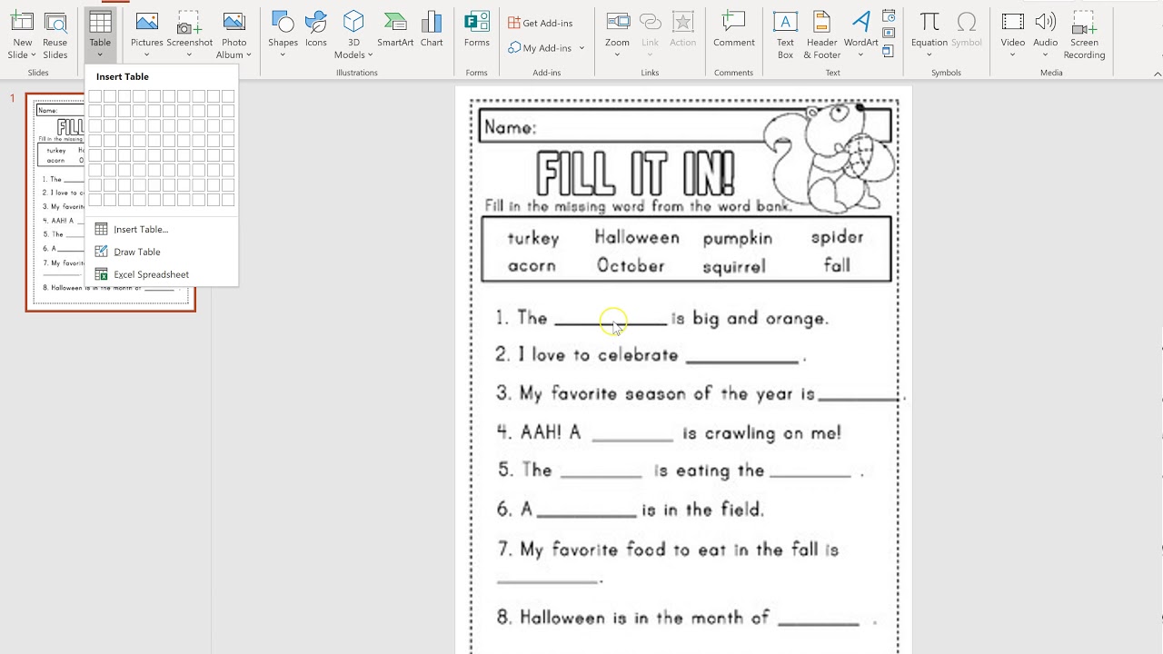 How to create a worksheet in Microsoft PowerPoint - YouTube