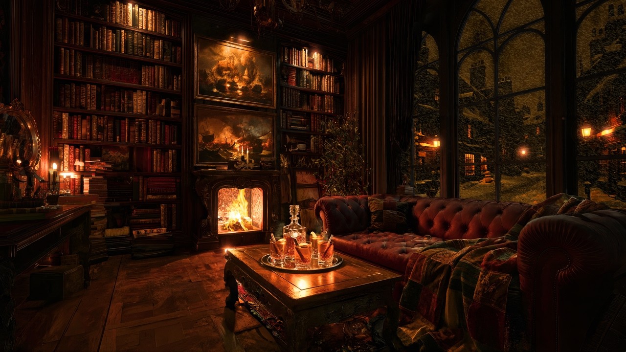 You’re Cozy Inside a Warm Victorian Salon While Snow Falls Outside | Fireplace Sounds | 8 Hours
