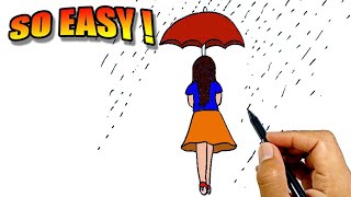 how to draw a girl with umbrella in rain easy version easy drawings