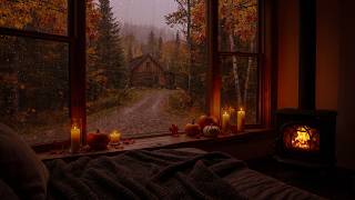 Cozy autumn night by the window📚sound rain on window,warm candlelight,pumpkin, relaxing reading nook