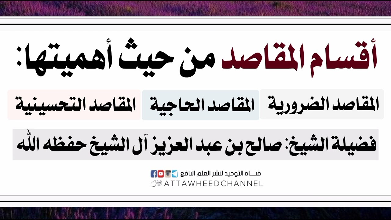 أقسام المقاصد من حيث أهميتها: المقاصد الضرورية _ الحاجية _ التحسينية _ صالح بن عبد العزيز آل الشيخ