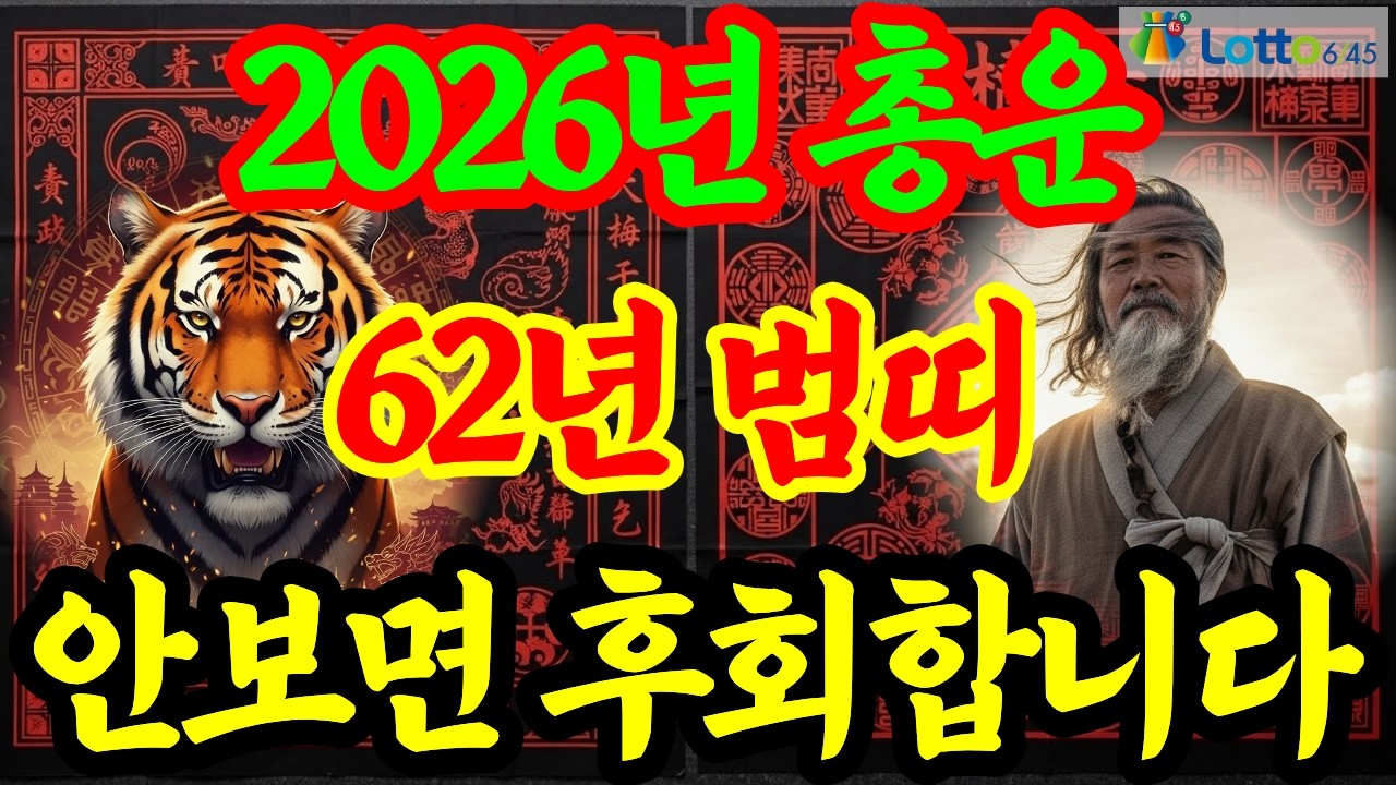 1962년 임인생 호랑이띠, 2026년(丙午年) 총운, 상세 운세(재물운, 문서운, 건강운, 사업운, 직업운, 대인관계운, 애정운, 가정운 등) 및 2026년 로또 행운 번호 공개