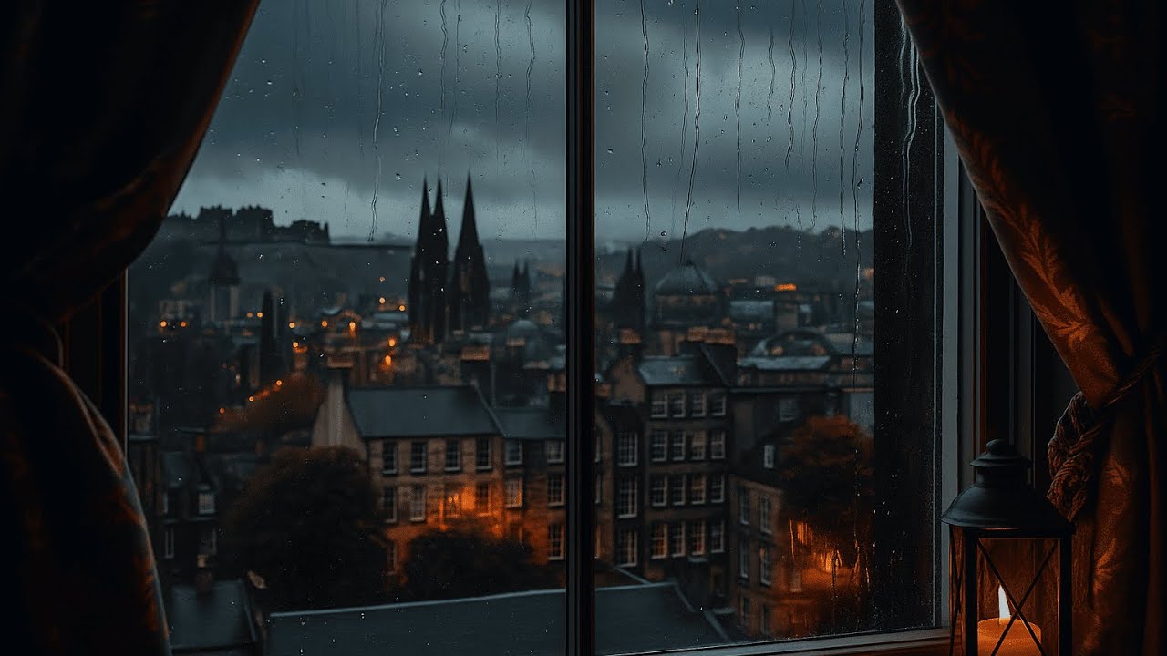 Rainy Old Edinburgh Street | Window Ambience, Soft Rain & City Lights