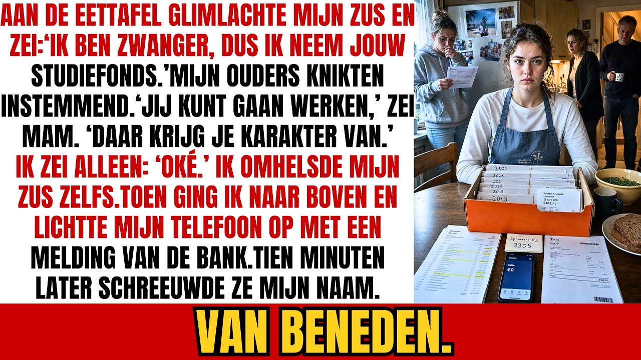 "Ik ben zwanger, dus ik neem jouw studiefonds." Mijn zus zei het glimlachend aan de eettafel, één hand op haar buik, terwijl mijn moeder de boerenkool doorgaf en mijn vader knikte alsof het allang...