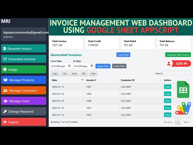 ????Invoice & Ledger Management Web Dashboard with Admin & User Login Using Google Appscript | C30