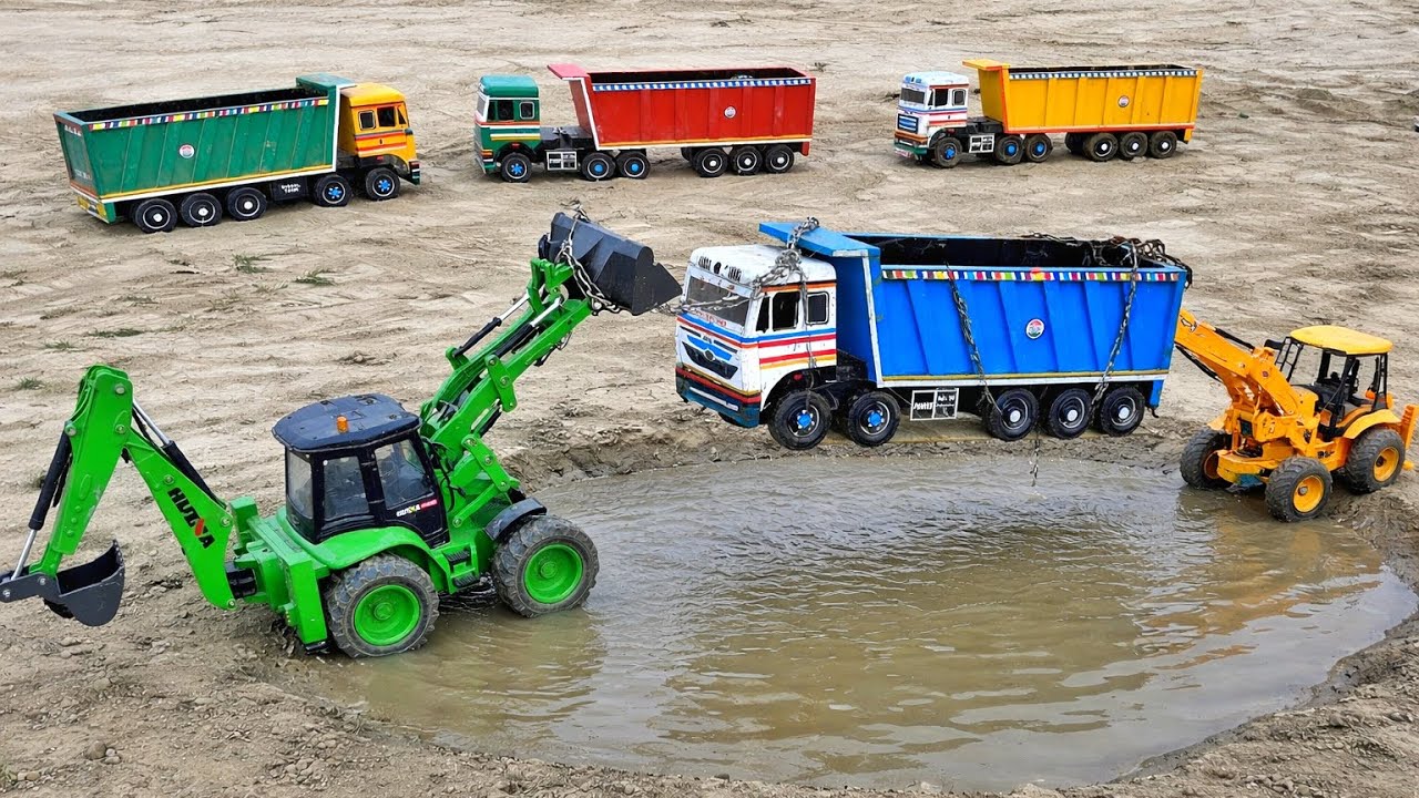 JCB 5cx fully loading river sand Tata truck | 2 Tractor pulling out truck | Gadi Cartoon JCB video
