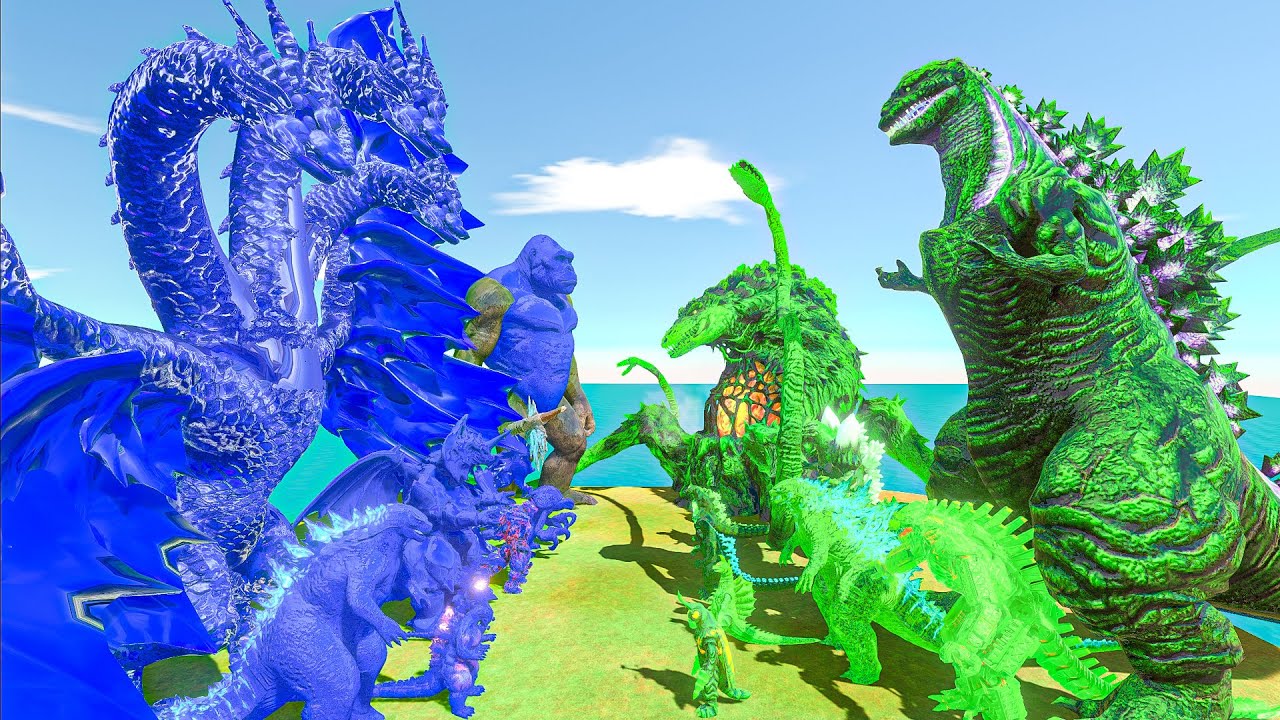 Blue Team and Blue King Ghidorah with King Kong vs Green Shin Godzilla and Biollante with Green Team