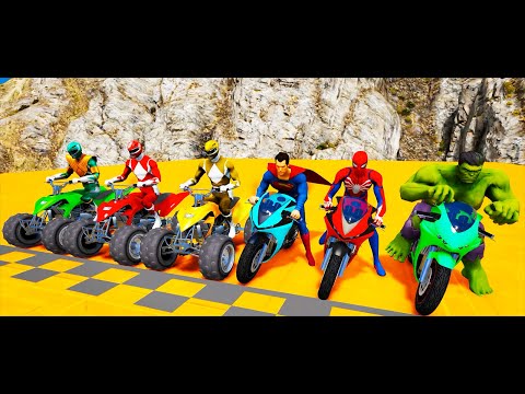 Homem Aranha e Heróis com Desafio com MOTOS na RAMPA - HULK, SUPER MAN e MOTOS off-road - GTA V