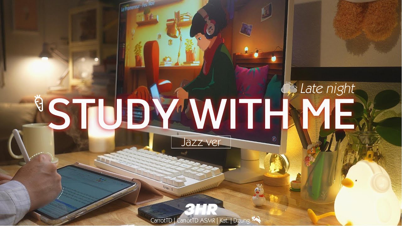 3-HOUR STUDY WITH ME | Jazz , Thunderstorm⛈️🔥 | Pomodoro 50-10 | Late night 🌙