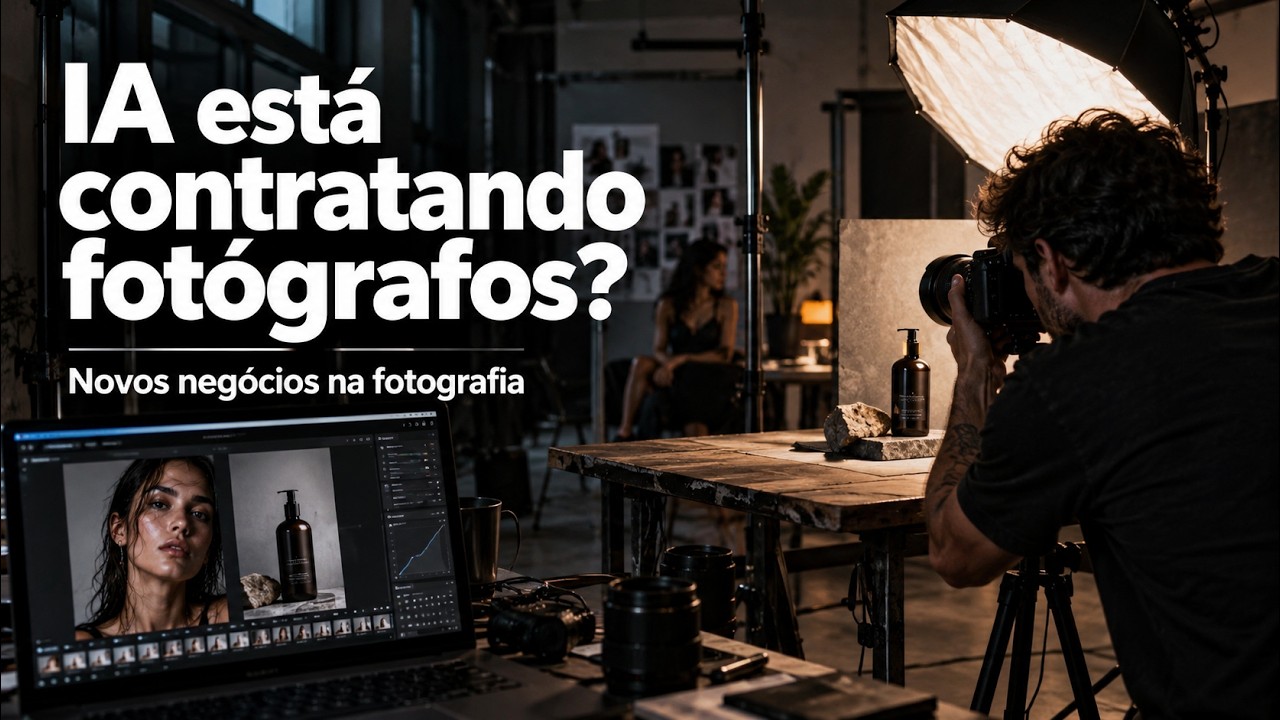 Fotógrafo trabalhando em estúdio profissional, com iluminação e computador, em imagem sobre inteligência artificial e novos negócios na fotografia.