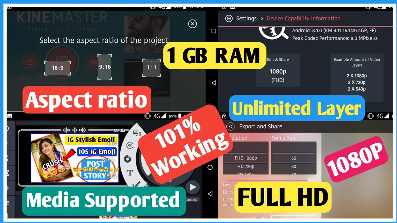 Low Device Capability KineMaster | 1GB ram SUPPORT | Aspect ratio Supported | Unlimited Layer Mode |
