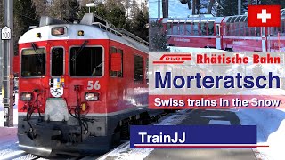 4K Swiss Trains in the Snow | Bernina Express - RhB Rhätische Bahn | Morteratsch Switzerland