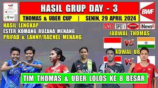 Hasil Lengkap Thomas Uber Cup 2024 Hari Ini Day 3 ~ ESTER & PRIFAD Menang ~ TIM UBER LOLOS 8 BESAR