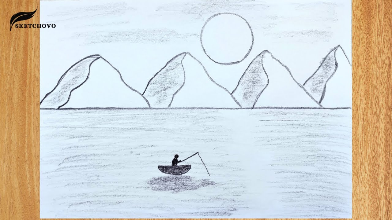 Easy Scenery Drawing for Beginners | Pencil Tutorial | Fisherman on Lake with Mountains