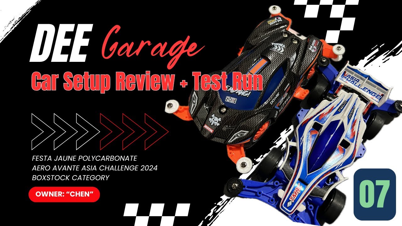 Tamiya Mini 4WD - DEE Garage - "Chen's" Festa Jaune & Aero Avante (Boxstock) Setup Review + Test Run