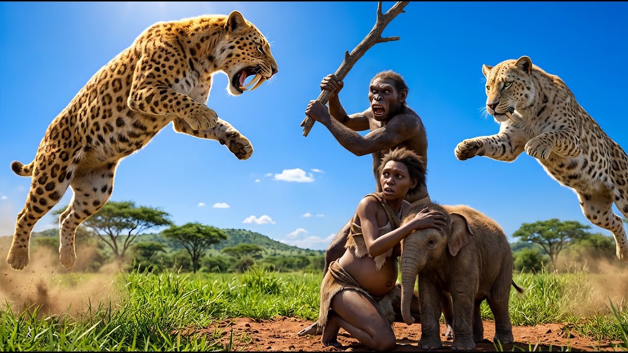 Life 3.6 Million Years Ago: Homo habilis & GIANT Mammoth VS. Sabertooth Cats - Prehistoric Survival