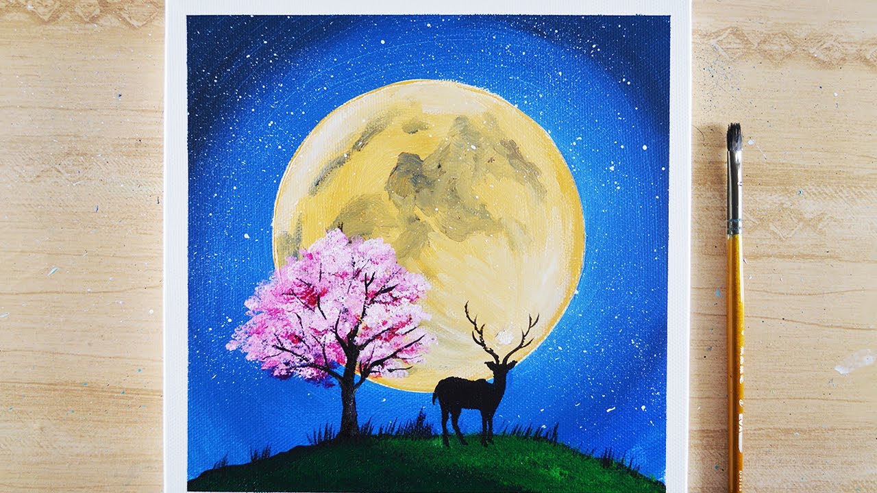 How To Paint A Full Moon And Deer Using Acrylic Paint Acrylic Painting 90 Youtube