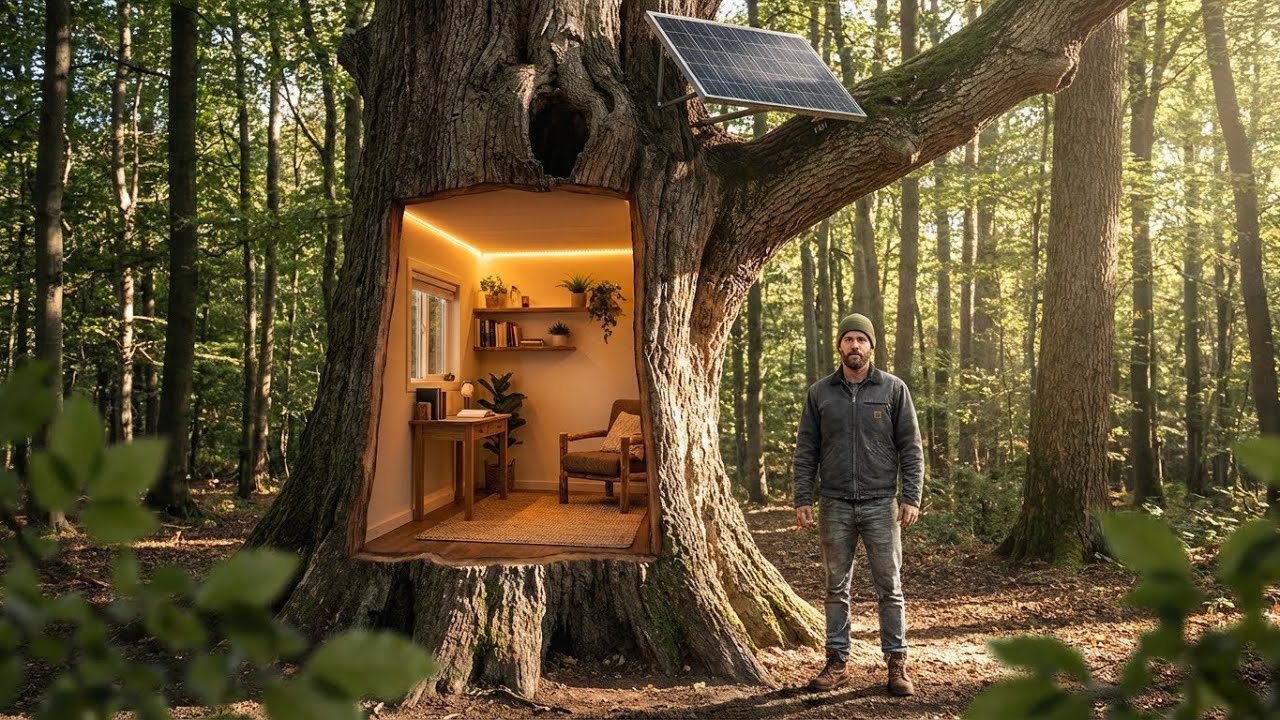Building a modern cabin inside a hollow oak tree (ASMR) - This man ...