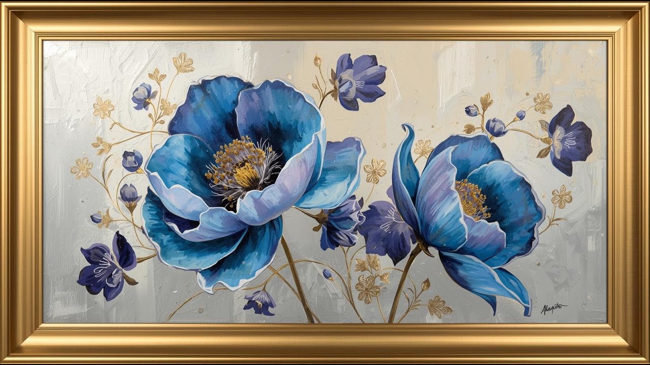 Elegant Blue & Purple Floral Oil Painting | Luxurious Gold Frame Wall Art Decor