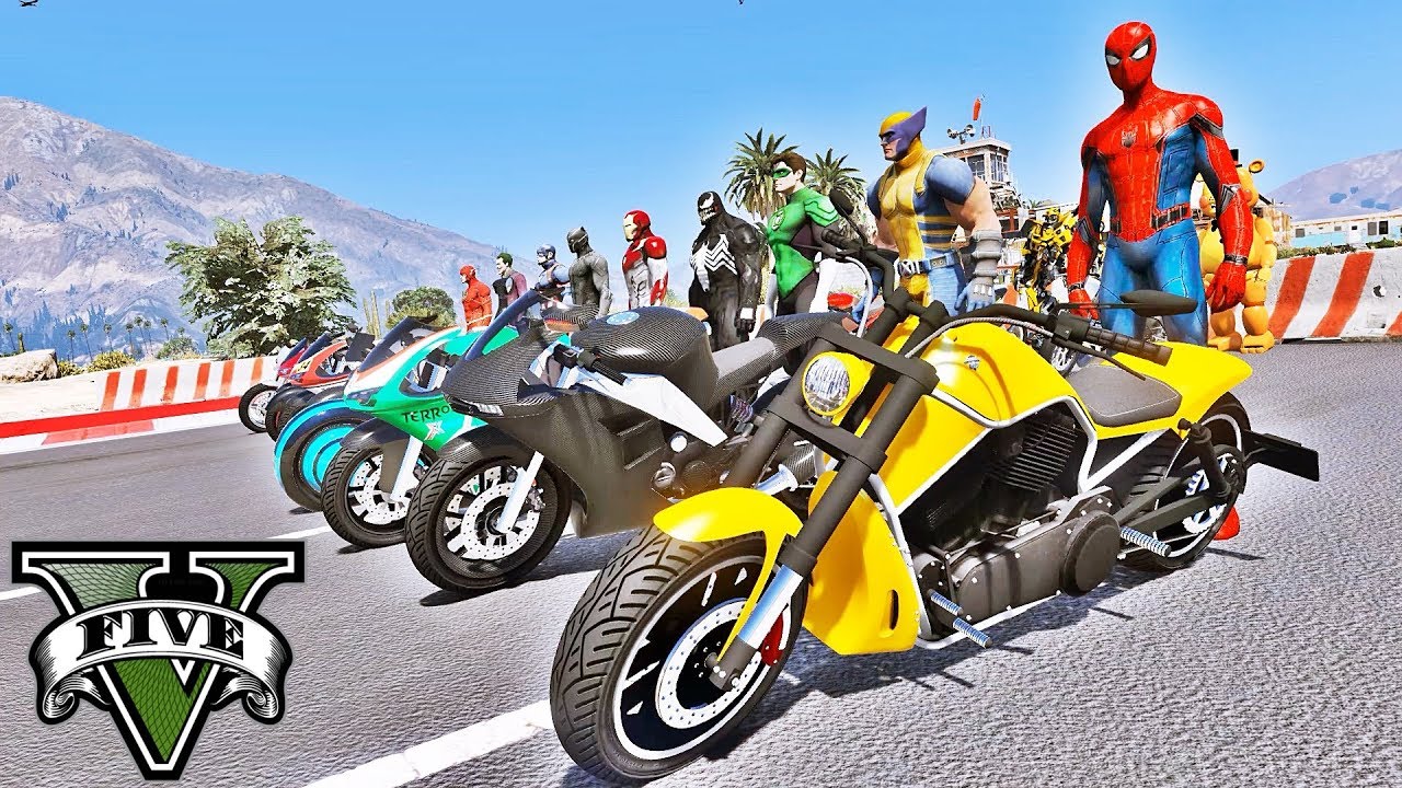 MOTOS com HOMEM ARANHA e Heróis na Rampa de Looping GTA V Mods - IR GAMES