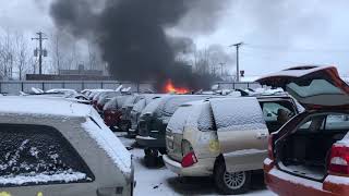 Junk car at LKQ Pick Your Part junk yard caught on fire