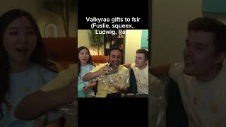Valkyraes gifts to fslr ( fuslie, Squeex,  Ludwig, Valkyrae)