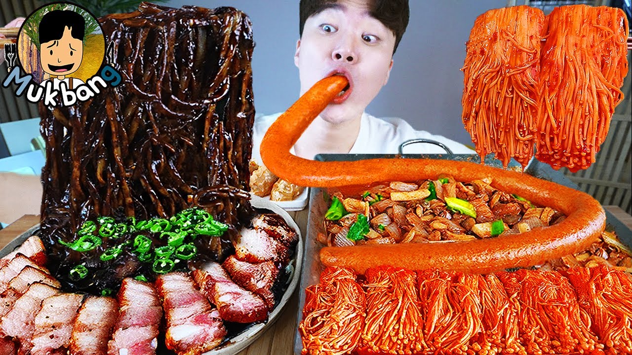 ASMR MUKBANG 짜파게티 & 팽이 버섯 & 소세지 BLACK BEAN NOODLES & ENOKI MUSHROOM & SAUSAGE EATING