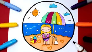 Kolay Yaz Mevsimi Tatil Resmi Çizme Ve Boyama🏖 Kolay Çizimler🌞Tatil Çizimi🏄‍♀️Kolay Manzara Çizimi