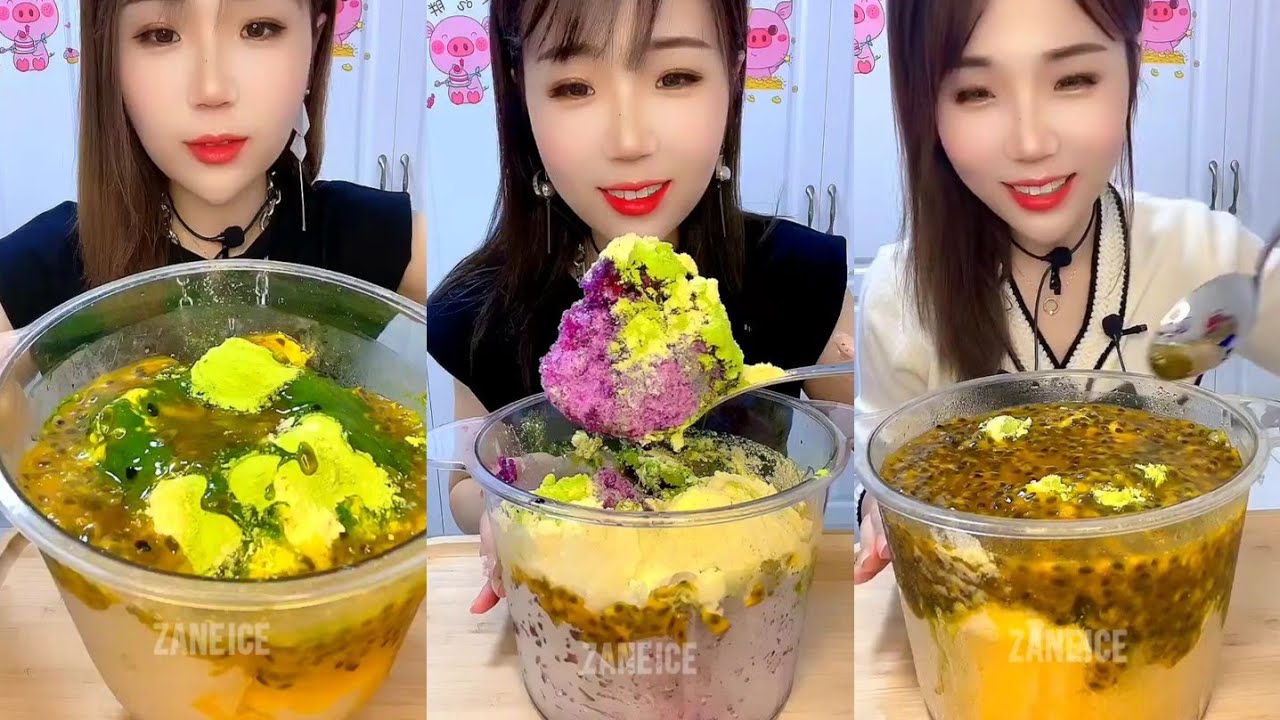 ASMR YY COLORFUL BLENDER ICE EATING WITH MATCHA AND MILK POWDER WITH PASSION FRUIT 