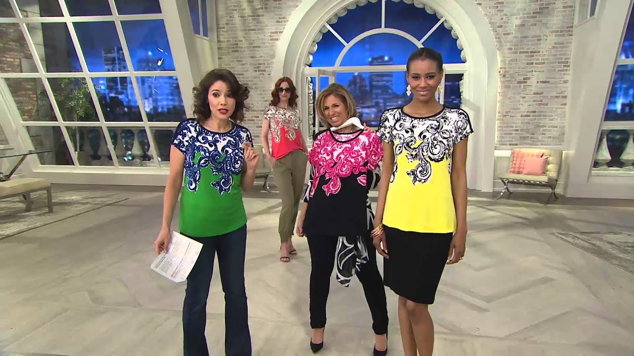 Susan Graver Liquid Knit Border Printed Short Sleeve Top with Sandra