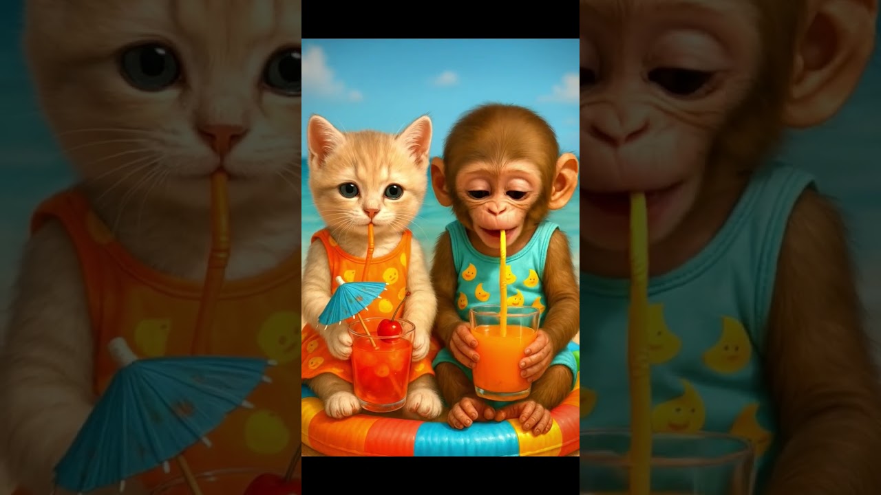 Baby Monkey & Kitten Go Slurp Crazy! Juice Time Shenanigans! 😂 