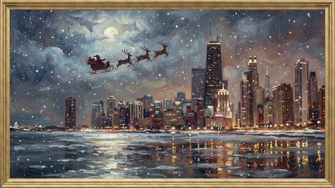 Christmas Santa Over Chicago Skyline | Framed Art TV Wallpaper 4K | Oil Painting | 2 Hour No Music