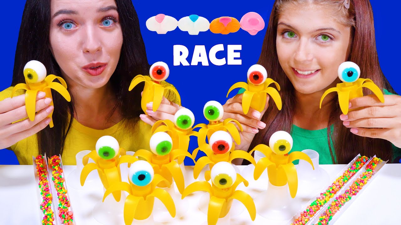 ASMR EYES BANANA JELLY AND NERDS ROPE CANDY RACE PARTY MUKBANG