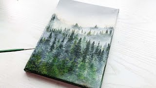 Misty Pine Forest Painting with Acrylic / Foggy Landscape Scenery Painting