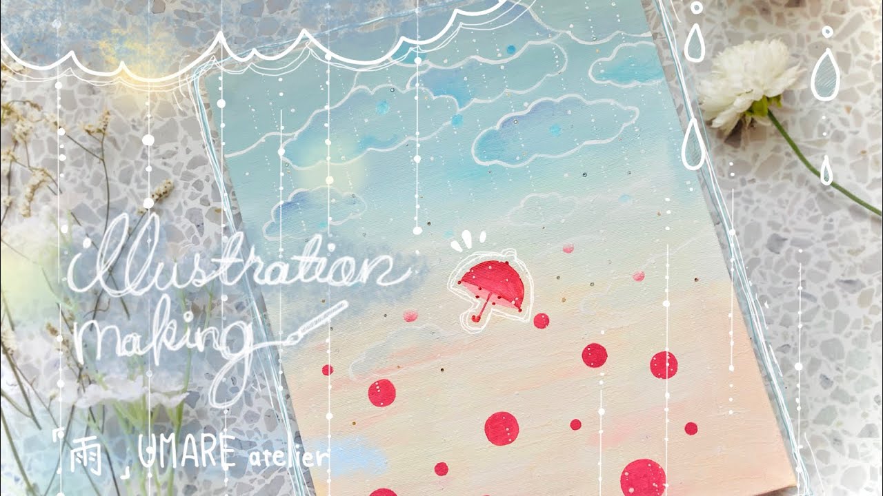 ART 雨の日。水玉のしずくと赤い傘／雨音【ASMR】｜アクリル絵の具で