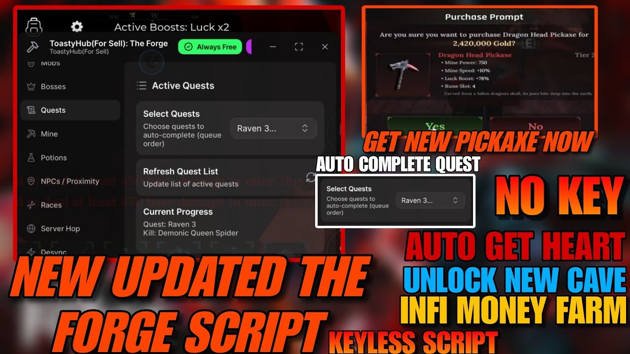 [NEW UPDATE] Best The Forge Toasty Script *No Key* // Auto Raven Quest, Auto Do Any Quest, Auto Mine